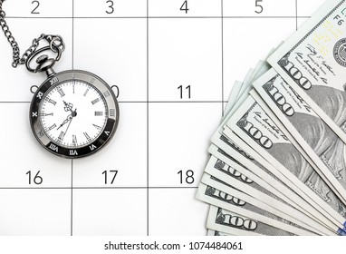 Pocket Watch With Money On The Calendar. Time Is Money.