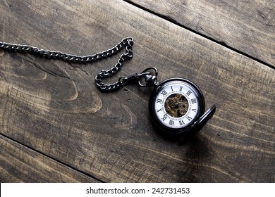  Pocket Watch On Grunge Wooden Table, From Above