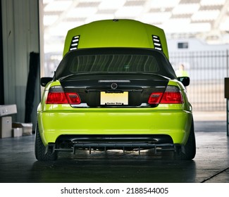 Poconos Raceway Pennsylvania, USA - August 6, 2022: E46 ZHP - Car Parked Inside Garage At Racetrack.