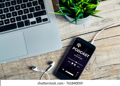 Podcast App In A Mobile Phone At The Office.