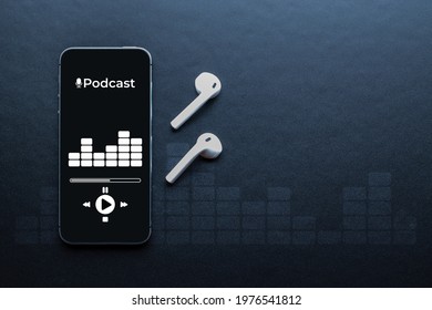 Podcast Audio Equipment. Audio Microphone, Sound Headphones, Podcast Application On Mobile Smartphone Screen. Recording Sound Voice On Dark Background. Live Online Radio Player Mockup Banner