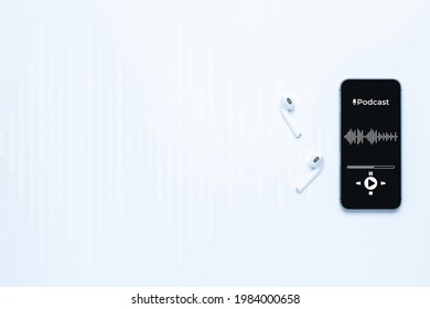 Podcast Audio Equipment. Audio Microphone, Sound Headphones, Podcast Application On Mobile Smartphone Screen. Recording Sound Voice On White Background. Live Online Radio Player Mockup Banner