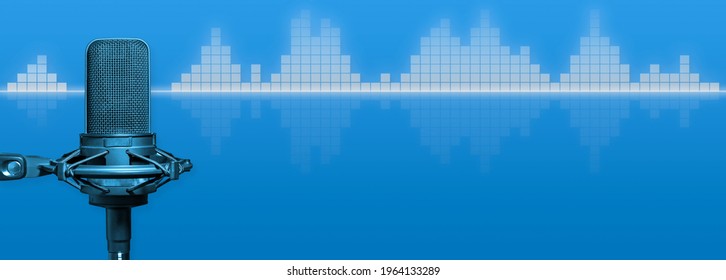 Podcast Banner. Studio Microphone With Audio Level Waveform On Blue Background With Copy Space