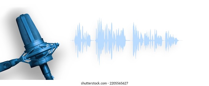 Podcast Microphone With Audio Waveform On White Background. Recording Studio Or Broadcast Radio Banner.