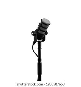 Podcast Microphone On A Tripod, A Black Metal Dynamic Microphone On An Isolated White Background, For Recording Podcast Or Radio Program, Show, Sound And Audio Equipment, Technology, Product Photo