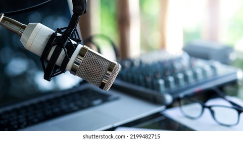 Podcast Studio Interior. Small Home Room For Podcaster. Close Up Microphone.