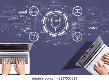 Podcast theme with people working together with laptop computers - Shutterstock ID 2257535623