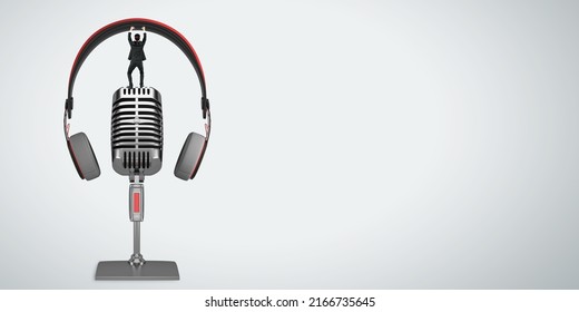 Podcasting and radio concept with man in black suit carrying headphones staying on retro microphone on light blank background with space for your logo or text, mockup - Powered by Shutterstock