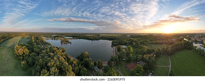 Podebrady lake Jezero Poděbrady at Labe river,Czech Republic,Europe scenic aerial landscape panorama view - Shutterstock ID 2163091975