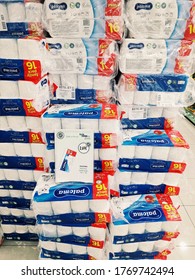 Podgorica, Montenegro - 02 July 2020: A Huge Mountain Of Family Toilet Paper Packages In The Store.