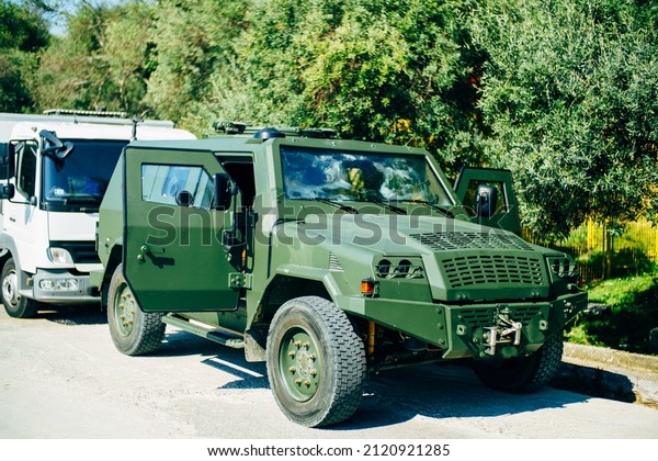 Podgorica, Montenegro - 04.07.21:\
Military vehicles of the Montenegrin Army, green\
camouflage