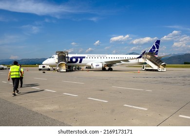 Podgorica, Montenegro - June 3, 2022: The Airplane Of The Polish LOT Airlines