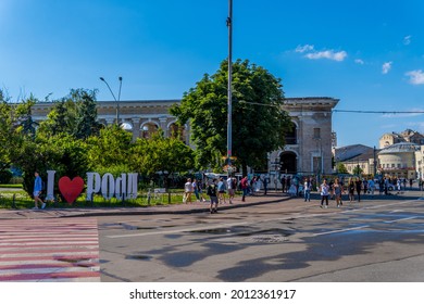 Podil, Kyiv, Ukraine - June 16, 2021 - Street Photography Of People On The Main Square Of The Podil Neighborhood With I Love Podil Sign