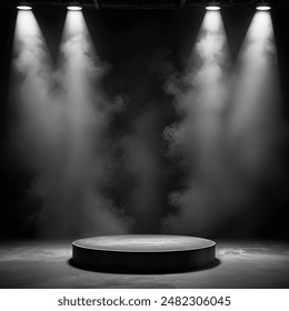 Podium black dark smoke background product platform abstract stage texture fog spotlight. Dark black floor podium dramatic empty night room table concrete wall scene place display studio smoky dust - Powered by Shutterstock