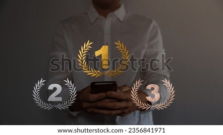 Podium for first, second, third place with laurel, number and text. Gold, silver and bronze ranks on stage on red curtain background. Championship in sport or movie vector illustration.