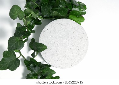 A podium made of concrete with green leaves of an ivy plant for the presentation of packaging and cosmetics, top view, on a white background. Product display with white concrete stone texture