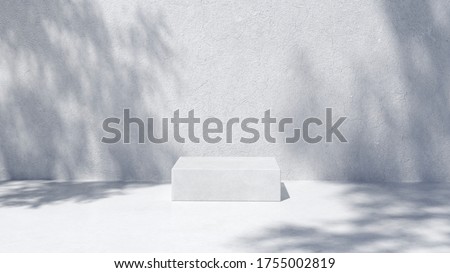 Podium for packaging presentation and cosmetic, shadow on wall.  Product display with white concrete texture , stone texture, Natural beauty pedestal in sunlight. realistic rendering. 3d illustration