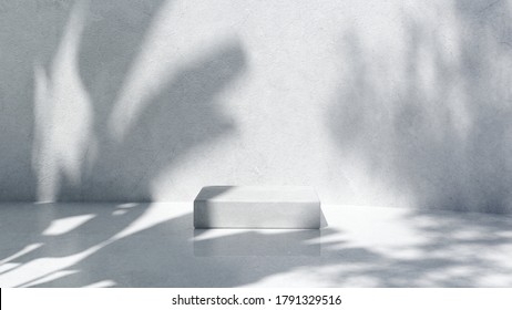 Podium for packaging presentation and cosmetic, tropical leaf shadow on a wall.  Product display with white concrete texture , stone texture. realistic rendering. 3d illustration. - Shutterstock ID 1791329516