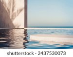 Podium stand in luxury swimming pool water with sea and sunset view. Summer background of tropical design product placement display. Hotel resort poolside backdrop.