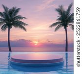 Podium stand in luxury swimming pool water with sea and sunset view. Summer background of tropical design product placement display. Hotel resort poolside backdrop.