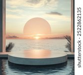 Podium stand in luxury swimming pool water with sea and sunset view. Summer background of tropical design product placement display. Hotel resort poolside backdrop.