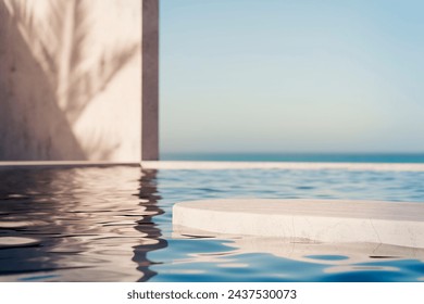 Podium stand in luxury swimming pool water with sea and sunset view. Summer background of tropical design product placement display. Hotel resort poolside backdrop. - Powered by Shutterstock