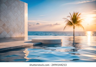 Podium stand in luxury swimming pool water with sea and sunset view. Summer background of tropical design product placement display. Hotel resort poolside backdrop. - Powered by Shutterstock