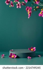 Podium, Stand, Showcase And Brigth Purple Flowers On Dark Teal Background. Mock Up Scene. Trendy Color 2023