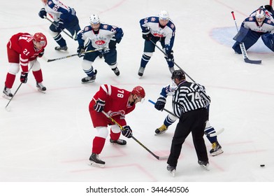 PODOLSK - NOVEMBER 21, 2015: A. Shibaev (78) on face-off during hockey game Vityaz vs Torpedo on Russia KHL championship in Vutyaz ice arena, Podolsk, Russia. Torpedo won 4:3