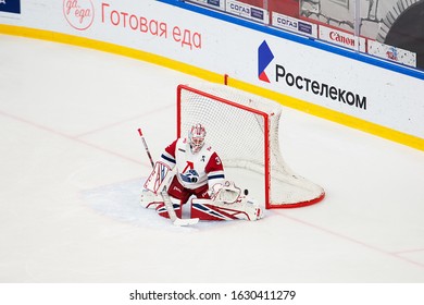 PODOLSK, RUSSIA - JANUARY 25, 2020: Gross V. (32) on a gate during ice hockey game Vityaz vs Lokomotiv on Russia KHL championship in Podolsk, Russia. Lokomotiv won 5:2