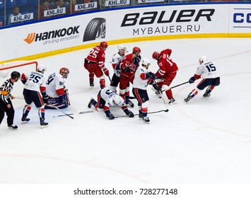 PODOLSK, RUSSIA - SEPTEMBER 29, 2017: Unidentified Players On Goal Crease On Hockey Game Vityaz Vs Torpedo On 10th Russia KHL Championship On September 29, 2017, In Podolsk, Russia. Torpedo Won 1:0