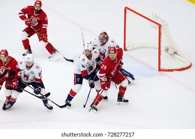 PODOLSK, RUSSIA - SEPTEMBER 29, 2017: Torpedo Goal Crease On Hockey Game Vityaz Vs Torpedo On 10th Russia KHL Championship On September 29, 2017, In Podolsk, Russia. Torpedo Won 1:0