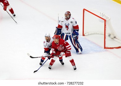 PODOLSK, RUSSIA - SEPTEMBER 29, 2017: Torpedo Goal Crease On Hockey Game Vityaz Vs Torpedo On 10th Russia KHL Championship On September 29, 2017, In Podolsk, Russia. Torpedo Won 1:0