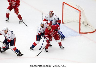 PODOLSK, RUSSIA - SEPTEMBER 29, 2017: Torpedo Goal Crease On Hockey Game Vityaz Vs Torpedo On 10th Russia KHL Championship On September 29, 2017, In Podolsk, Russia. Torpedo Won 1:0