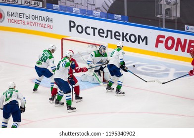 PODOLSK - SEPTEMBER 28, 2018: Unidentified Players On Goal Crease During Hockey Game Vityaz Vs Salavat Yulayev On Russia KHL Championship On September 28, 2018, In Podolsk, Russia. Vityaz Won 3:2