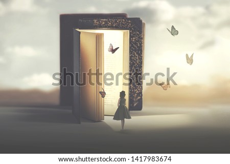 poetic encounter between a woman and butterflies coming out of a book