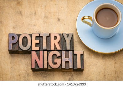 Poetry Night Word Abstract In Vintage Letterpress Wood Type With A Cup Of Coffee