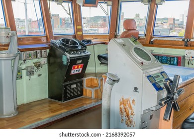 Pohang, South Korea; May 16, 2022: Inside Command Bridge Of Naval Battleship At Military Museum.