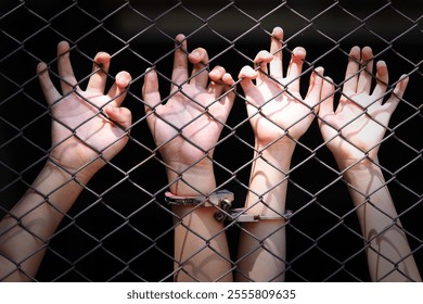A poignant image capturing hands reaching through a chain link fence, with handcuffs visible. This visual symbolizes imprisonment, captivity, and the struggle for freedom.