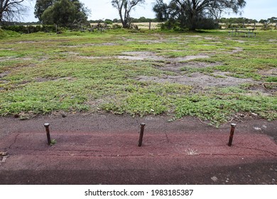 Point Cook, Vic Australia - Dec 31 2020: Empty Car Park And Bench Seat In Coastal Parkland At Point Cook Coastal Park