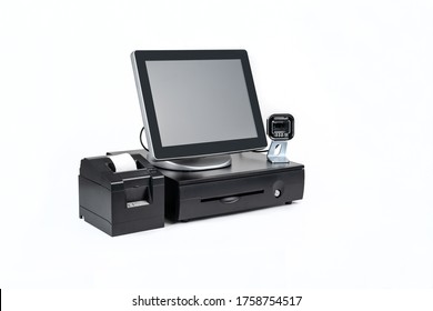 Point of sale touch screen system with thermal printer and cash drawer isolated on white - Shutterstock ID 1758754517
