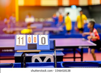 Point Score Board Of Table Tennis On Table And Blurred Player Background.