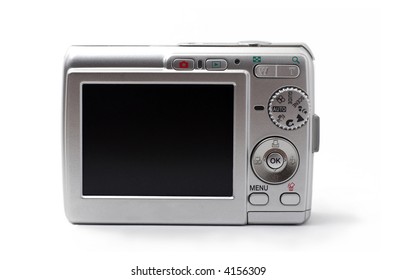 Point and shoot camera isolated on white background. The black display can be filled easily with any image. The black display can be filled with any image.