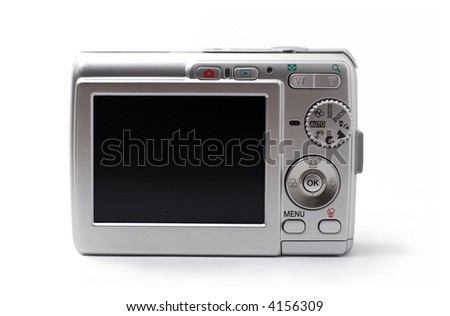 Point and shoot camera isolated on white background. The black display can be filled easily with any image. The black display can be filled with any image.