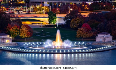 Point State Park In Pittsburgh, Pennsylvania And The Iconic Illuminated Water Fountain.