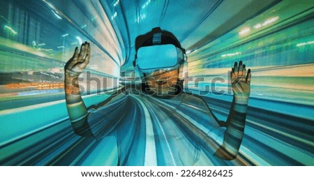 Point of view cyber tour game asia people enjoy hobby wear VR goggle IOT at home screen show smart urban modern city night high speed train way on woman face. Light trail rush hour blurred motion.