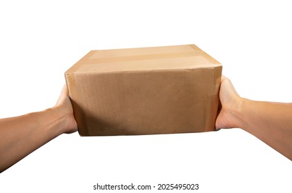 Point of view hand of courier holds the package or Parcel box delivery to the customer isolated on white