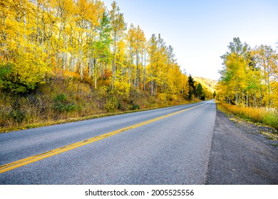 Point Of View Pov Driving On Maroon Bells Creek Scenic Road In Aspen, Colorado USA Rocky Mountains With Colorful Autumn Yellow Fall Foliage Trees