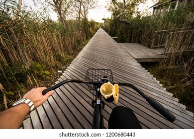 Point of view of riding a bicycle down a wooden path through a beach scene in Fire Island, New York.