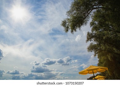 Point Of View Shot Of River Beach. Cloudy Bright Blue Sky And Sun Overhead, Green Old Trees And Several Yellow Parasols. Horizontal Color Photography.